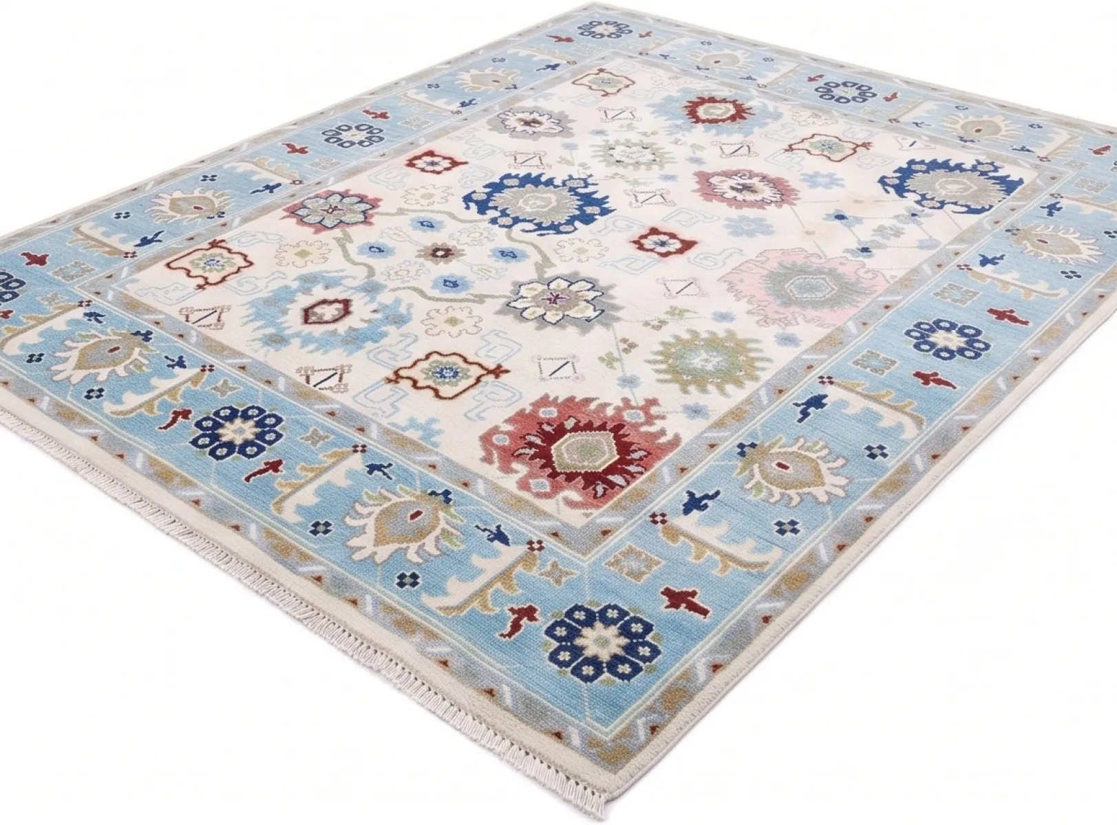 Ivory & Light Blue Hand-Knotted Oushak Wool Rug