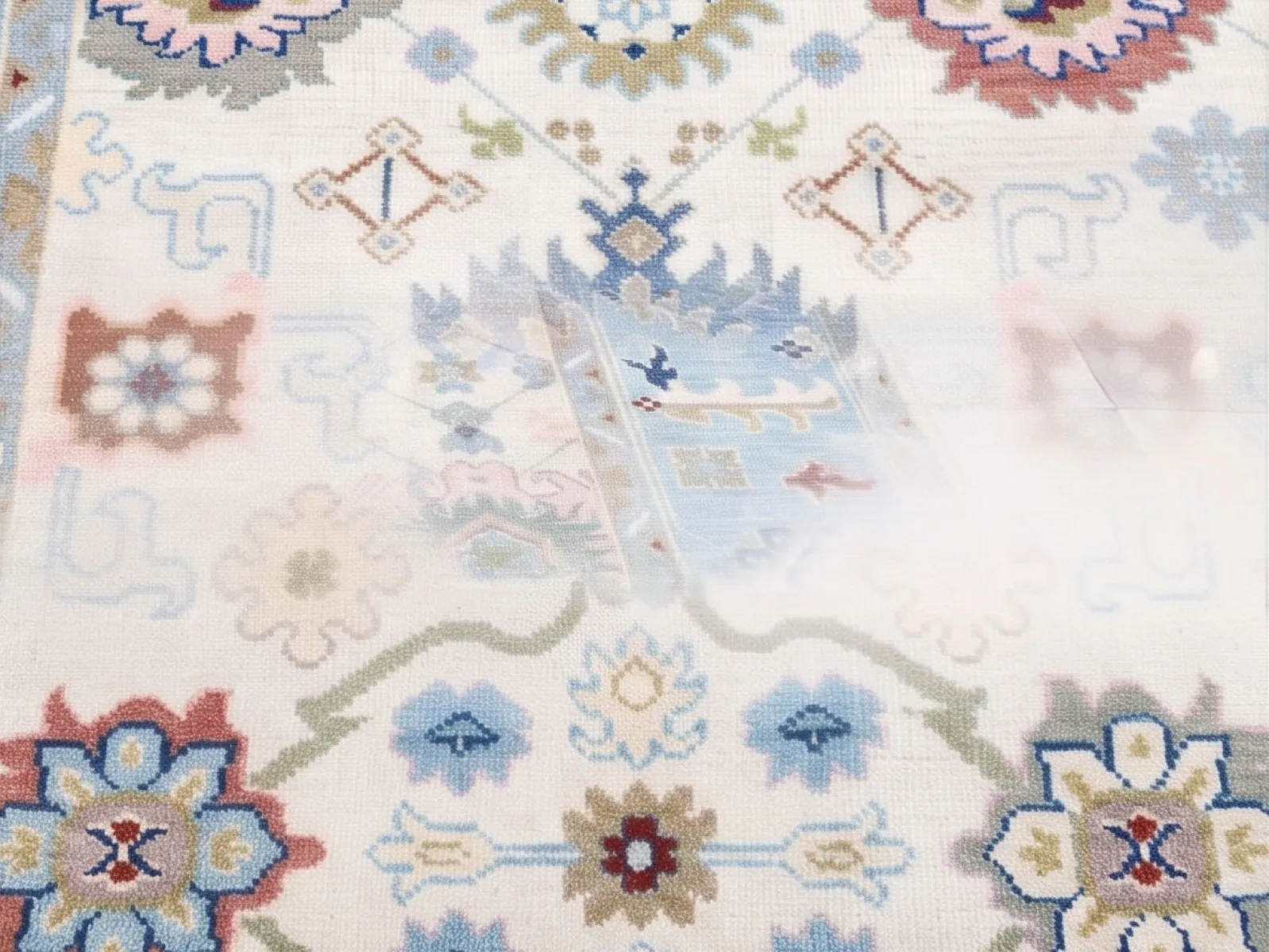 Ivory & Light Blue Hand-Knotted Oushak Wool Rug