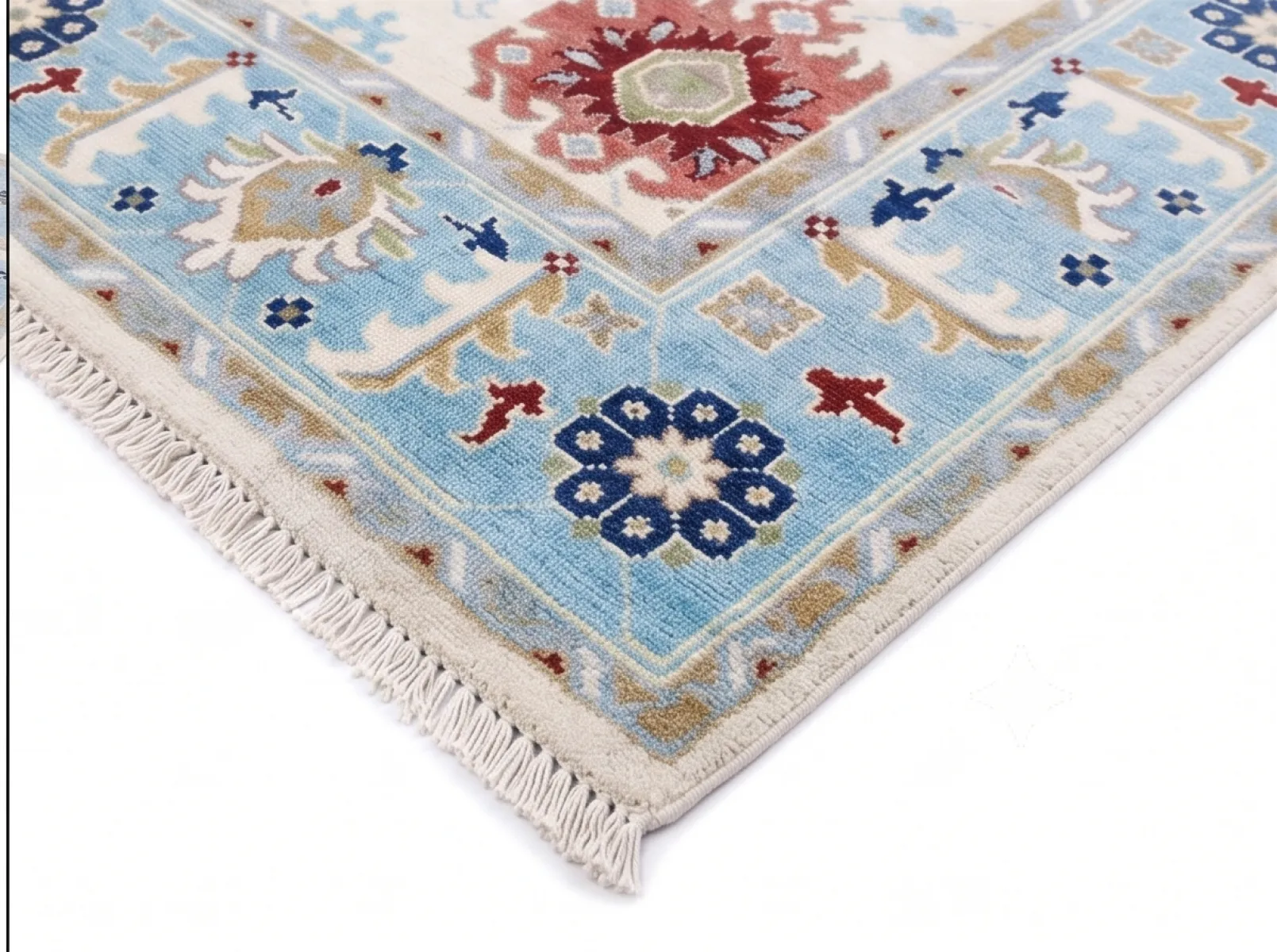 Ivory & Light Blue Hand-Knotted Oushak Wool Rug