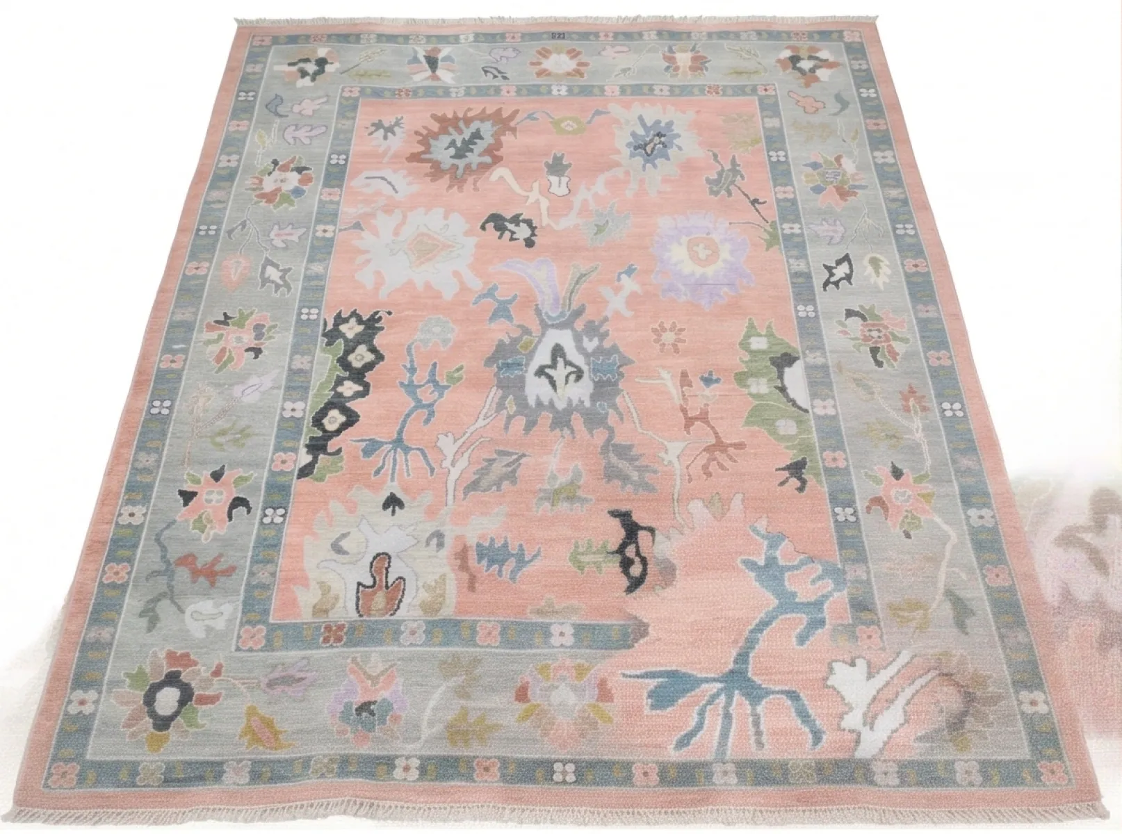 Soft Peach Botanical Hand-Knotted Oushak Wool Rug