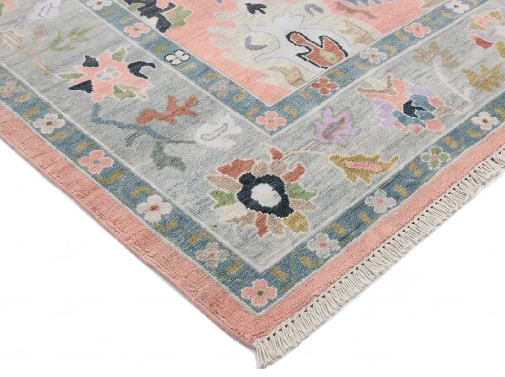 Soft Peach Botanical Hand-Knotted Oushak Wool Rug