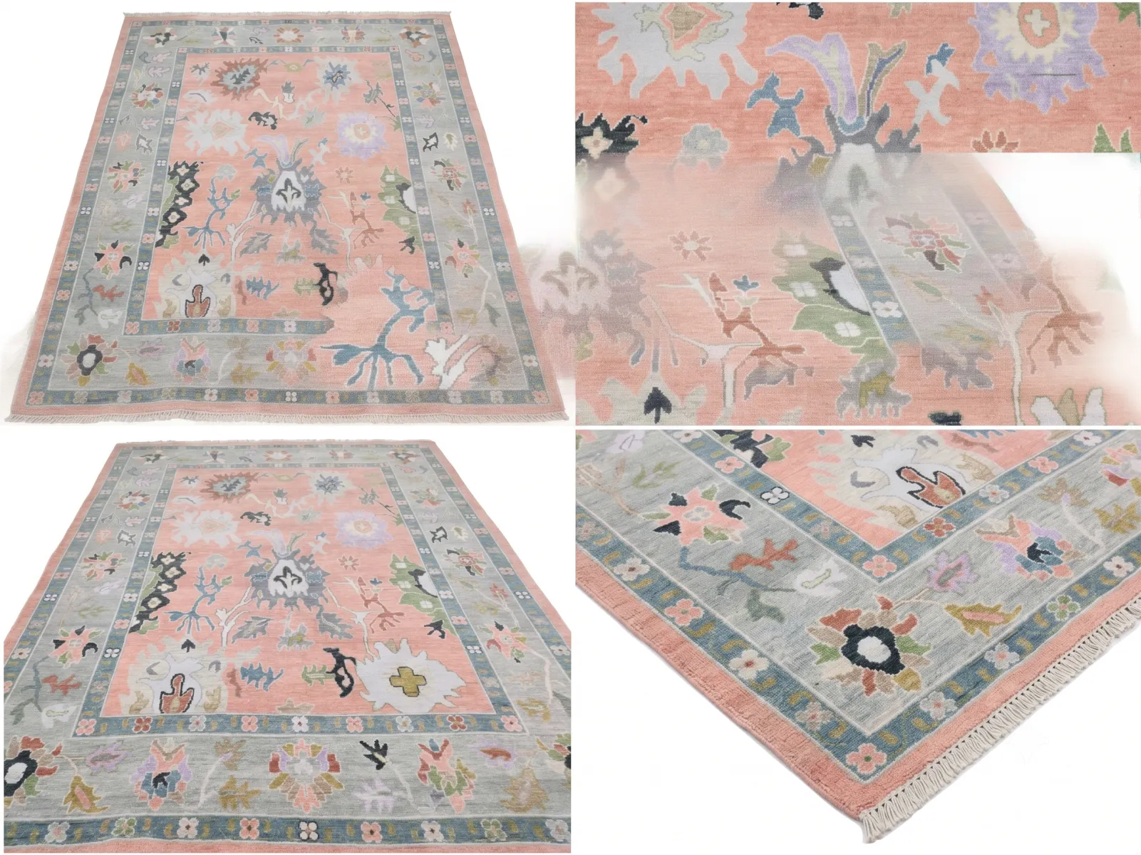 Soft Peach Botanical Hand-Knotted Oushak Wool Rug