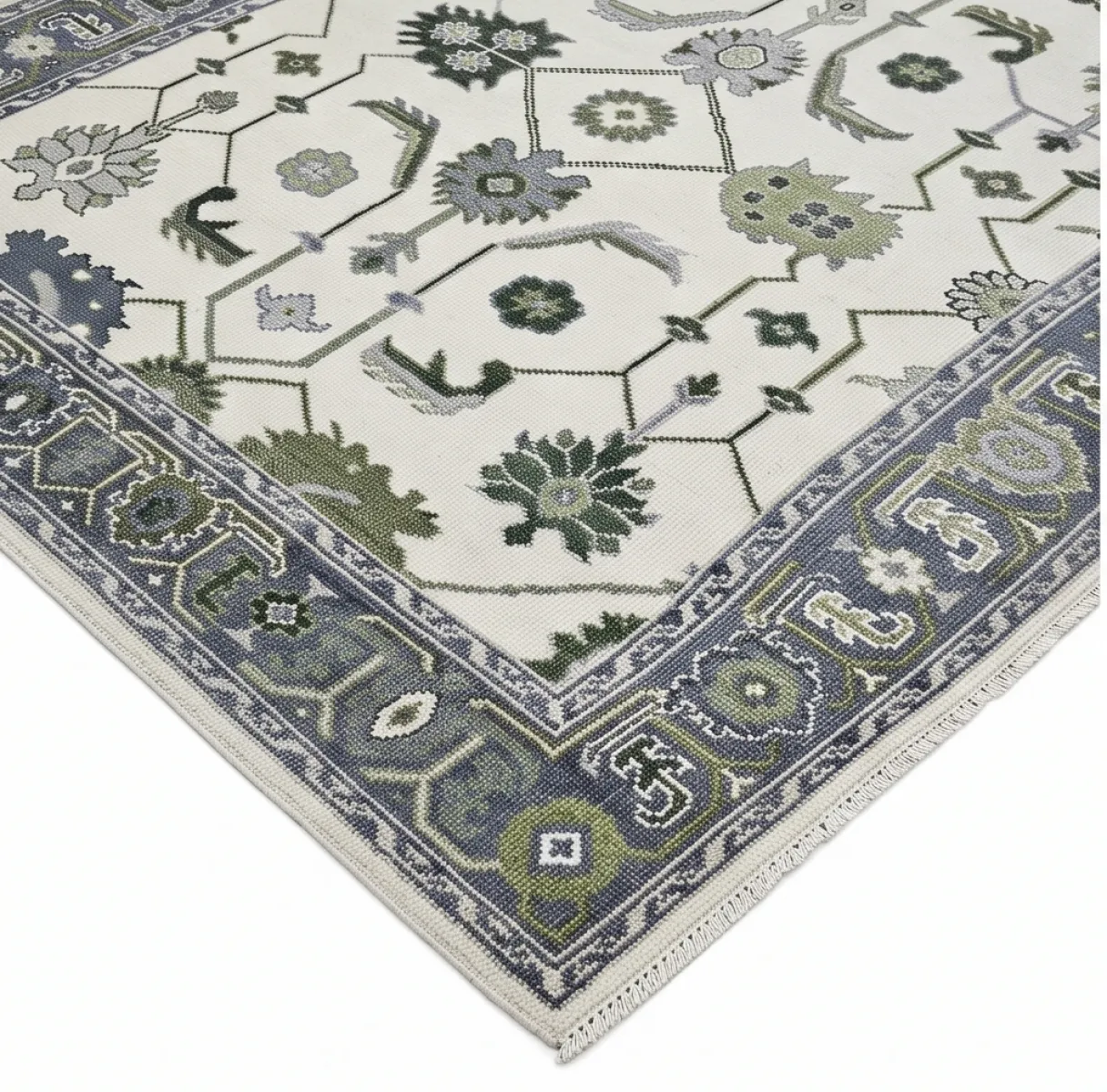 Ivory & Slate Green Modern Oushak Rug