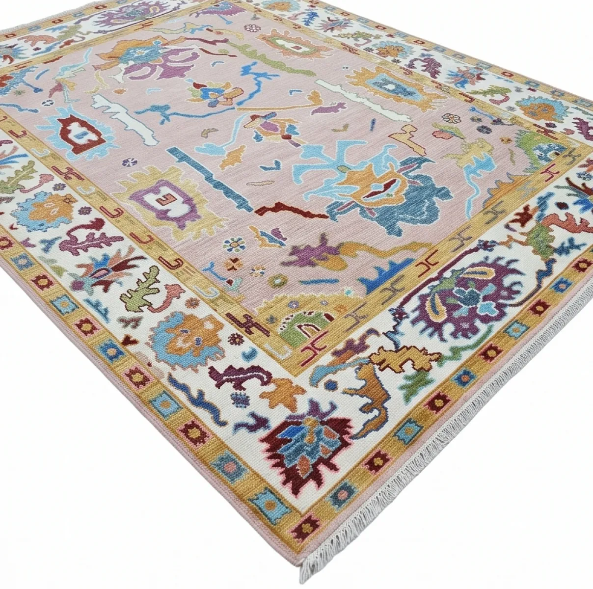 Vibrant Blush Pink Modern Oushak Rug