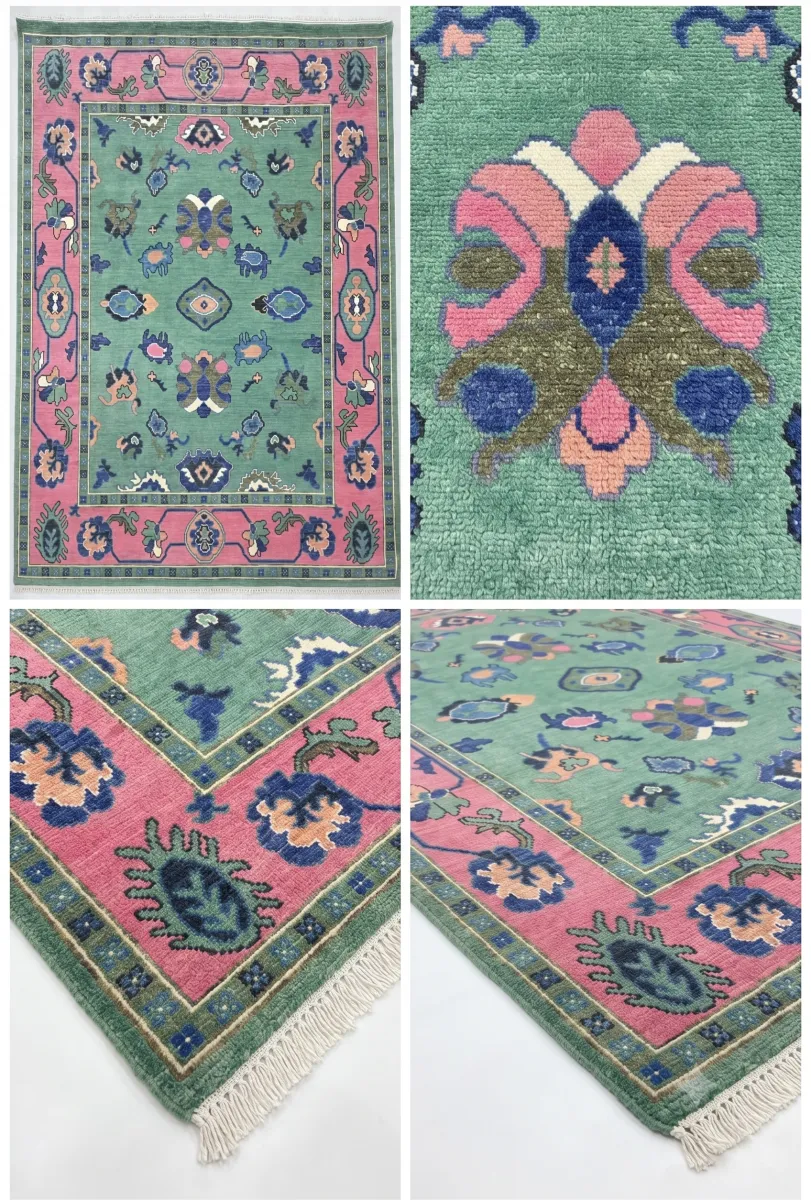 Vibrant Green & Pink Modern Oushak Rug