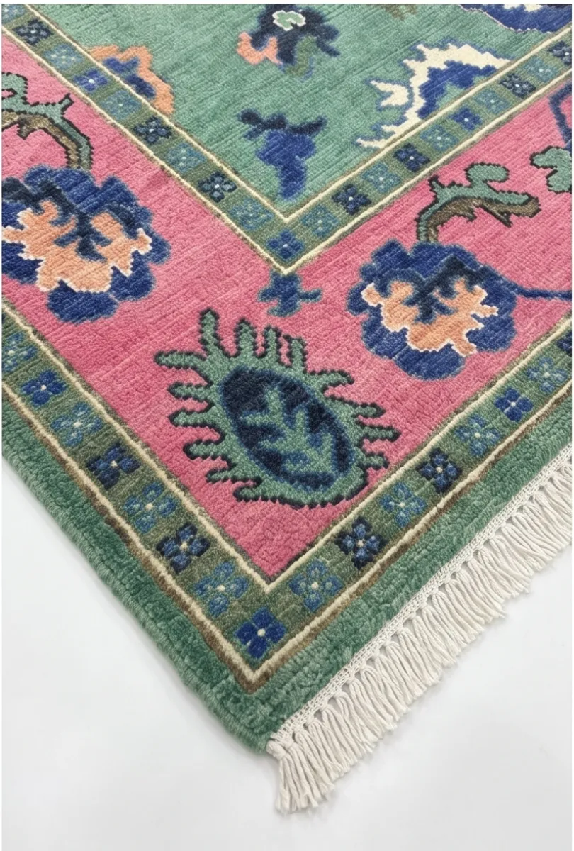 Vibrant Green & Pink Modern Oushak Rug
