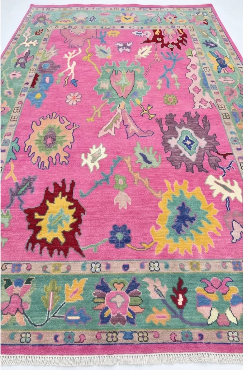Vibrant Pink & Mint Green Modern Oushak Rug