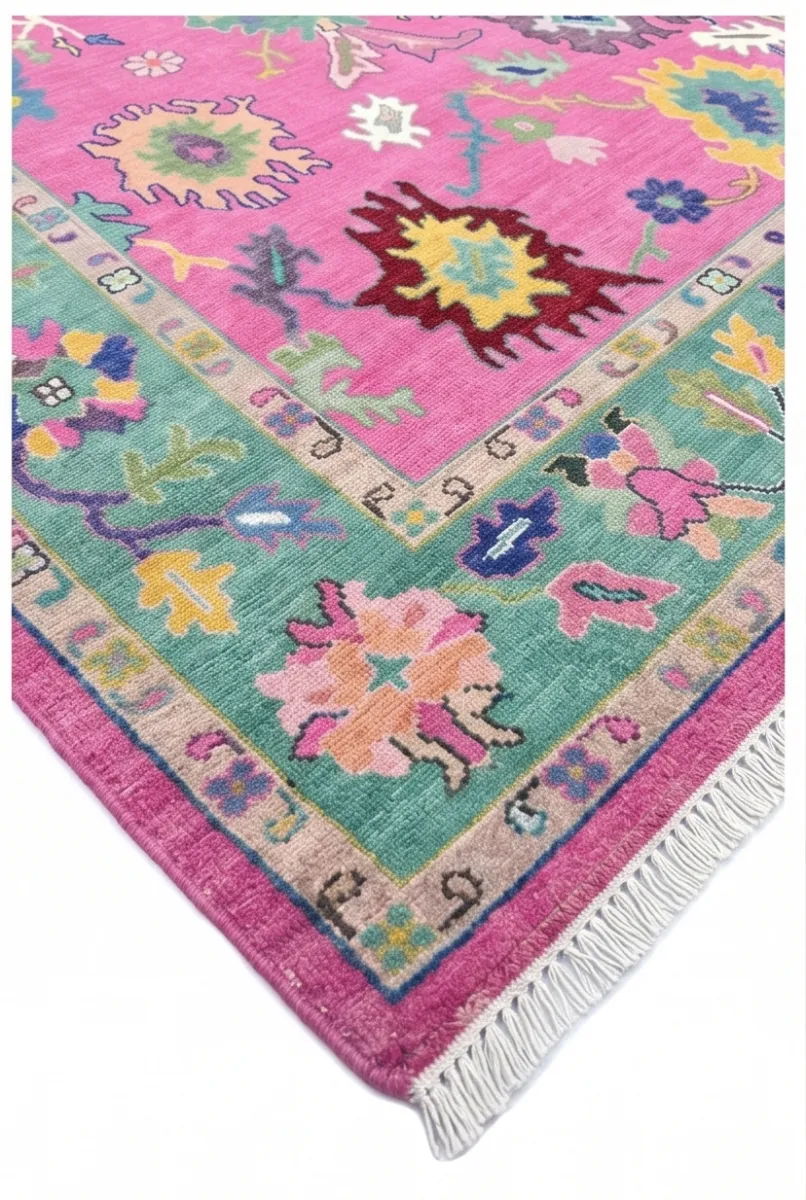 Vibrant Pink & Mint Green Modern Oushak Rug
