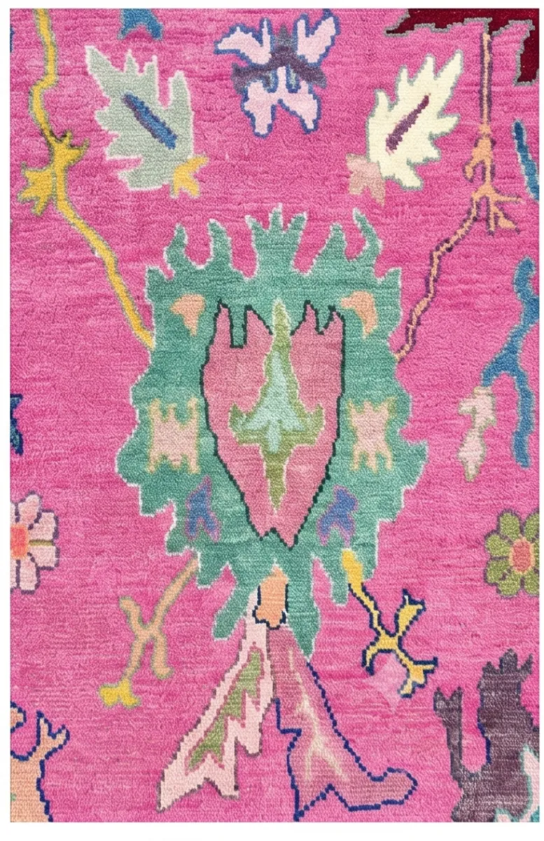 Vibrant Pink & Mint Green Modern Oushak Rug