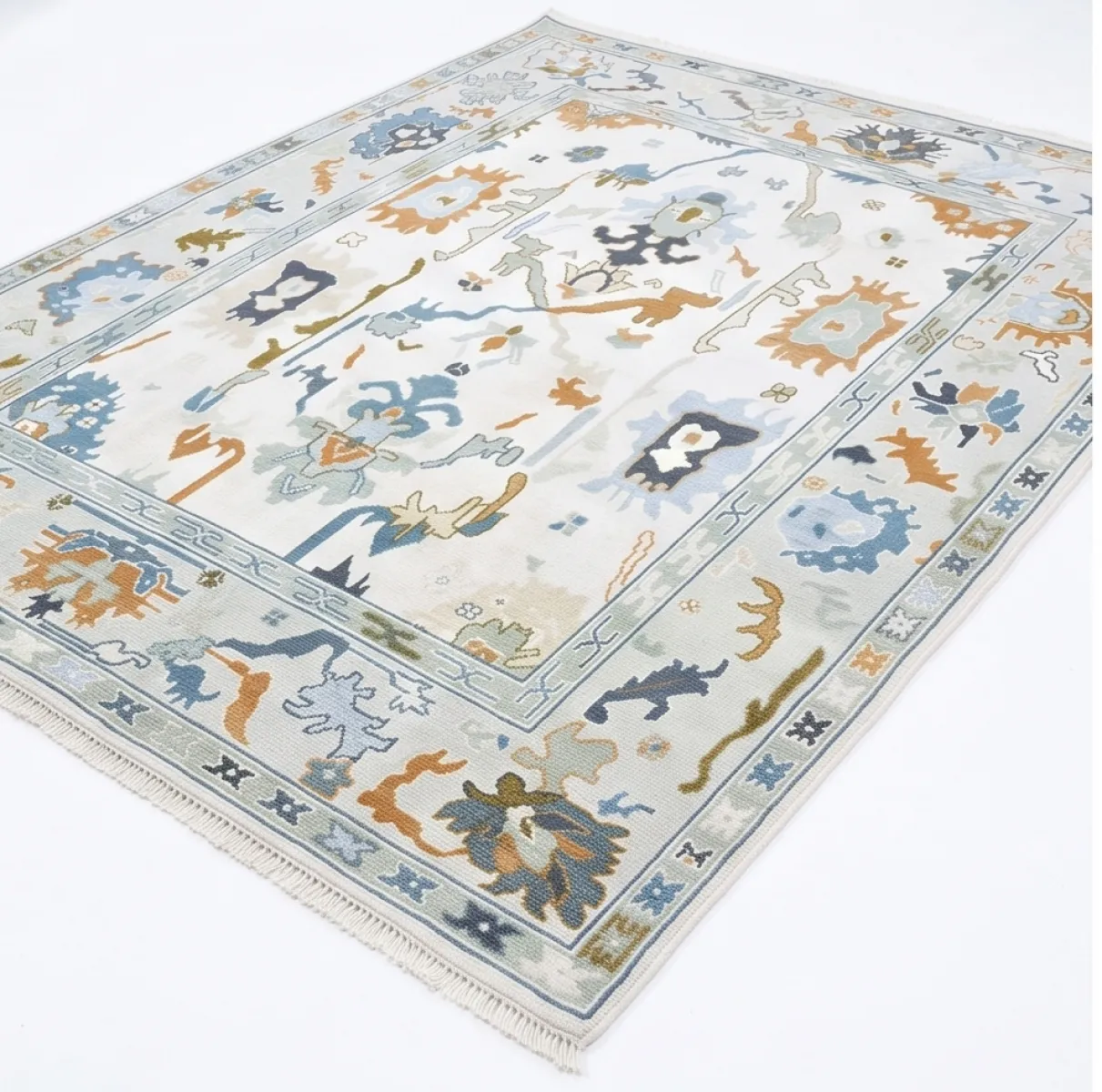 Ivory & Dusty Blue Modern Oushak Rug