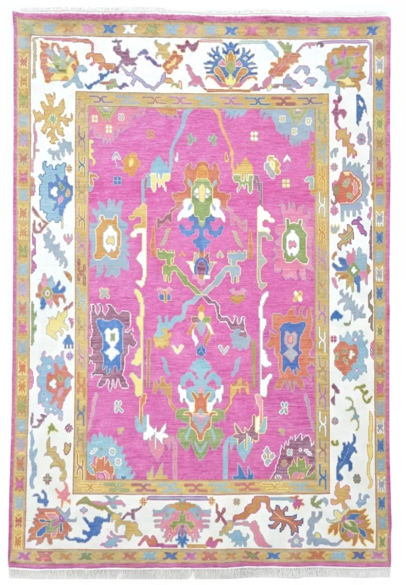 Vibrant Fuchsia & Ivory Modern Oushak Rug