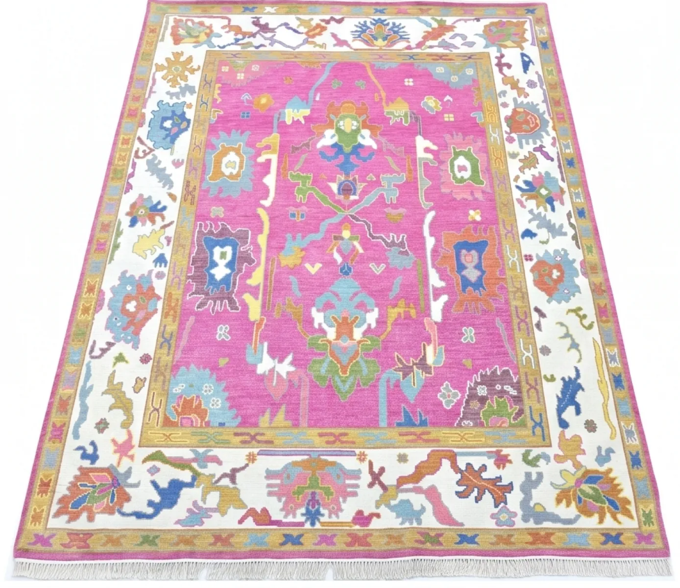 Vibrant Fuchsia & Ivory Modern Oushak Rug