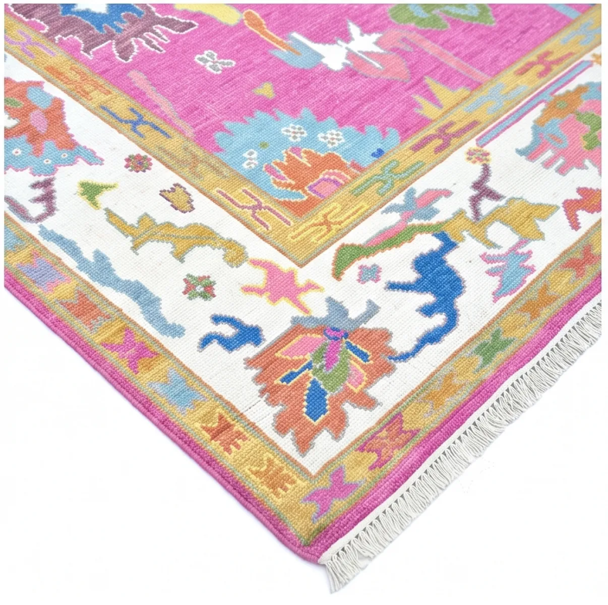 Vibrant Fuchsia & Ivory Modern Oushak Rug