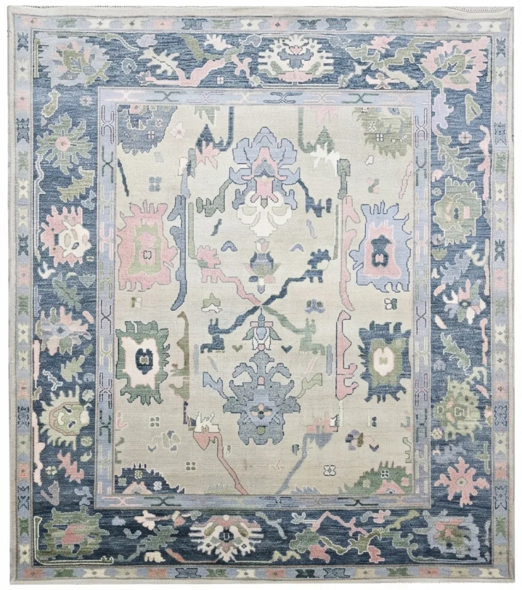 Elegant Ivory & Sage Modern Oushak Rug