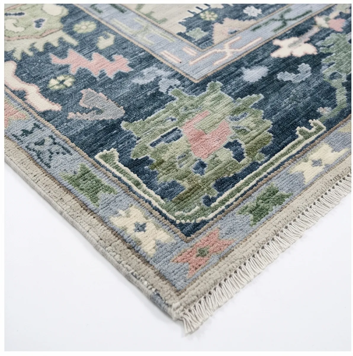 Elegant Ivory & Sage Modern Oushak Rug