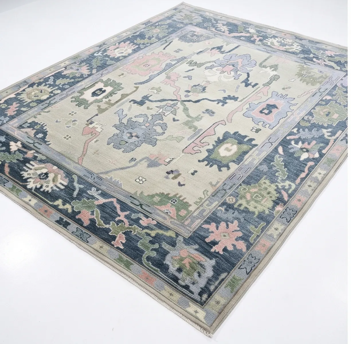 Elegant Ivory & Sage Modern Oushak Rug