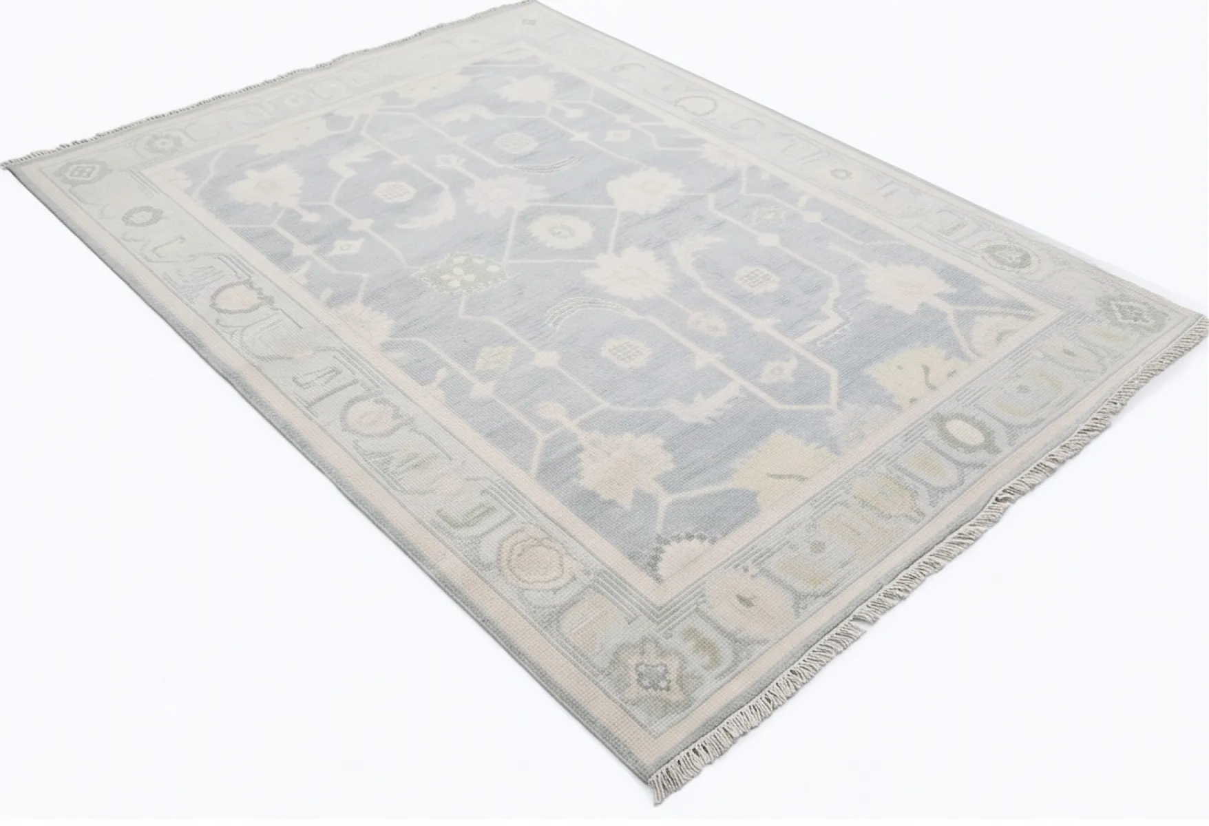 Elegant Ivory & Sage Green Modern Oushak Rug