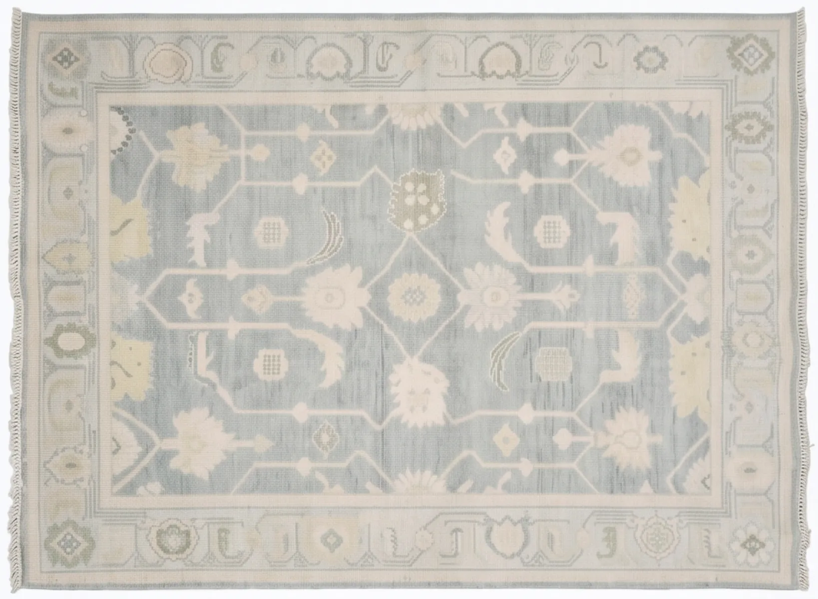 Elegant Ivory & Sage Green Modern Oushak Rug
