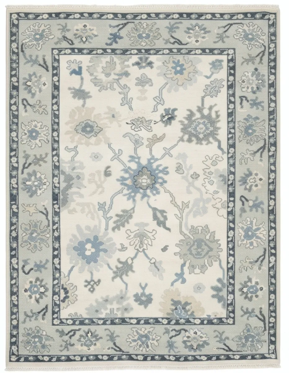 Sophisticated Ivory & Slate Blue Modern Oushak Rug