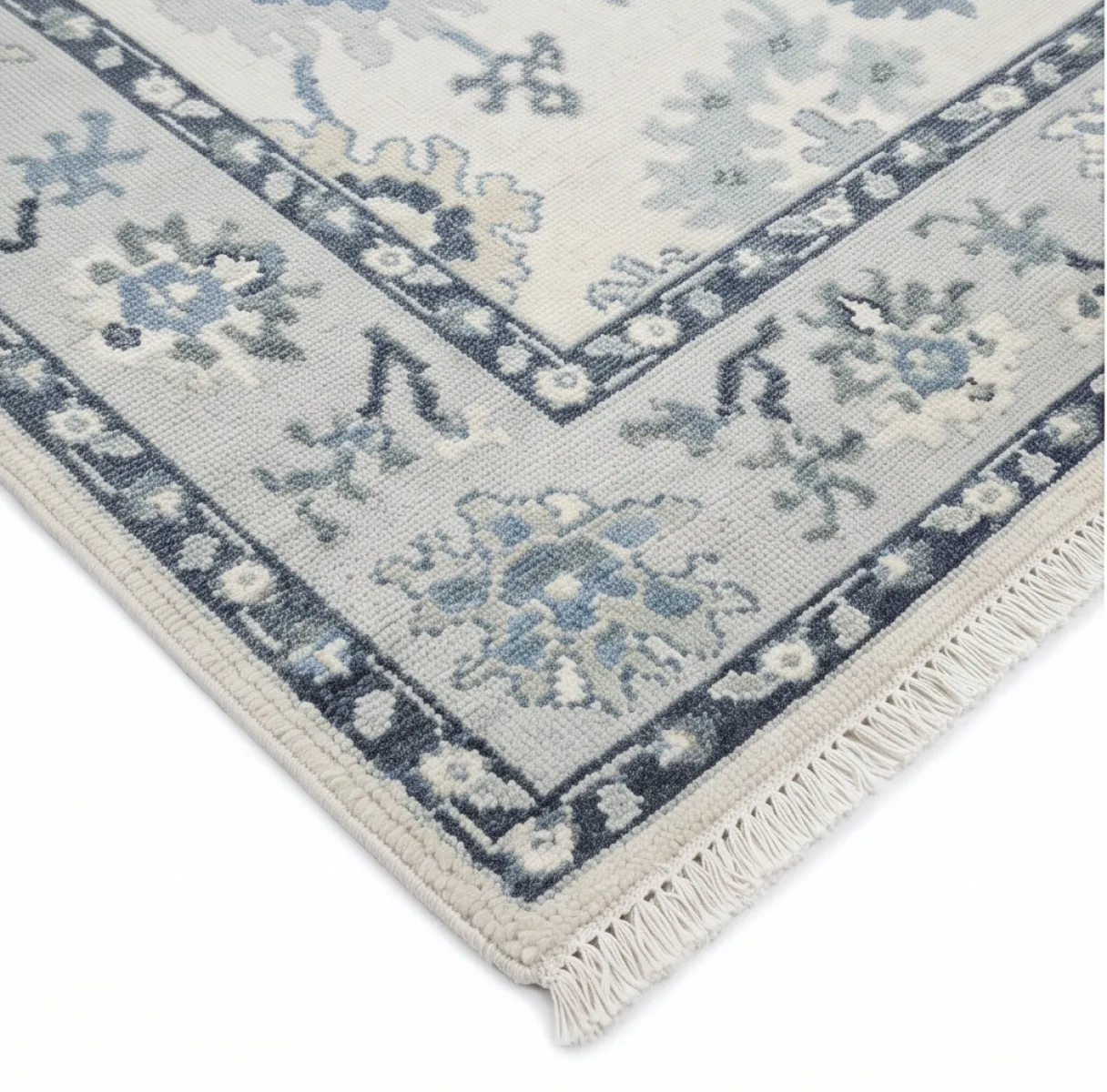 Sophisticated Ivory & Slate Blue Modern Oushak Rug
