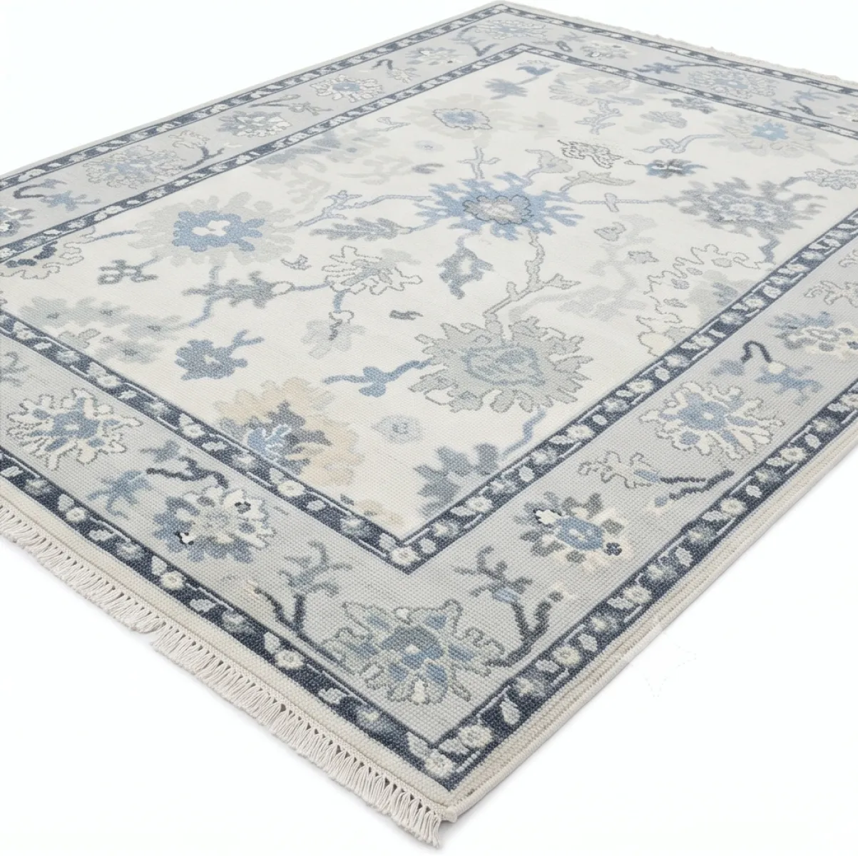 Sophisticated Ivory & Slate Blue Modern Oushak Rug