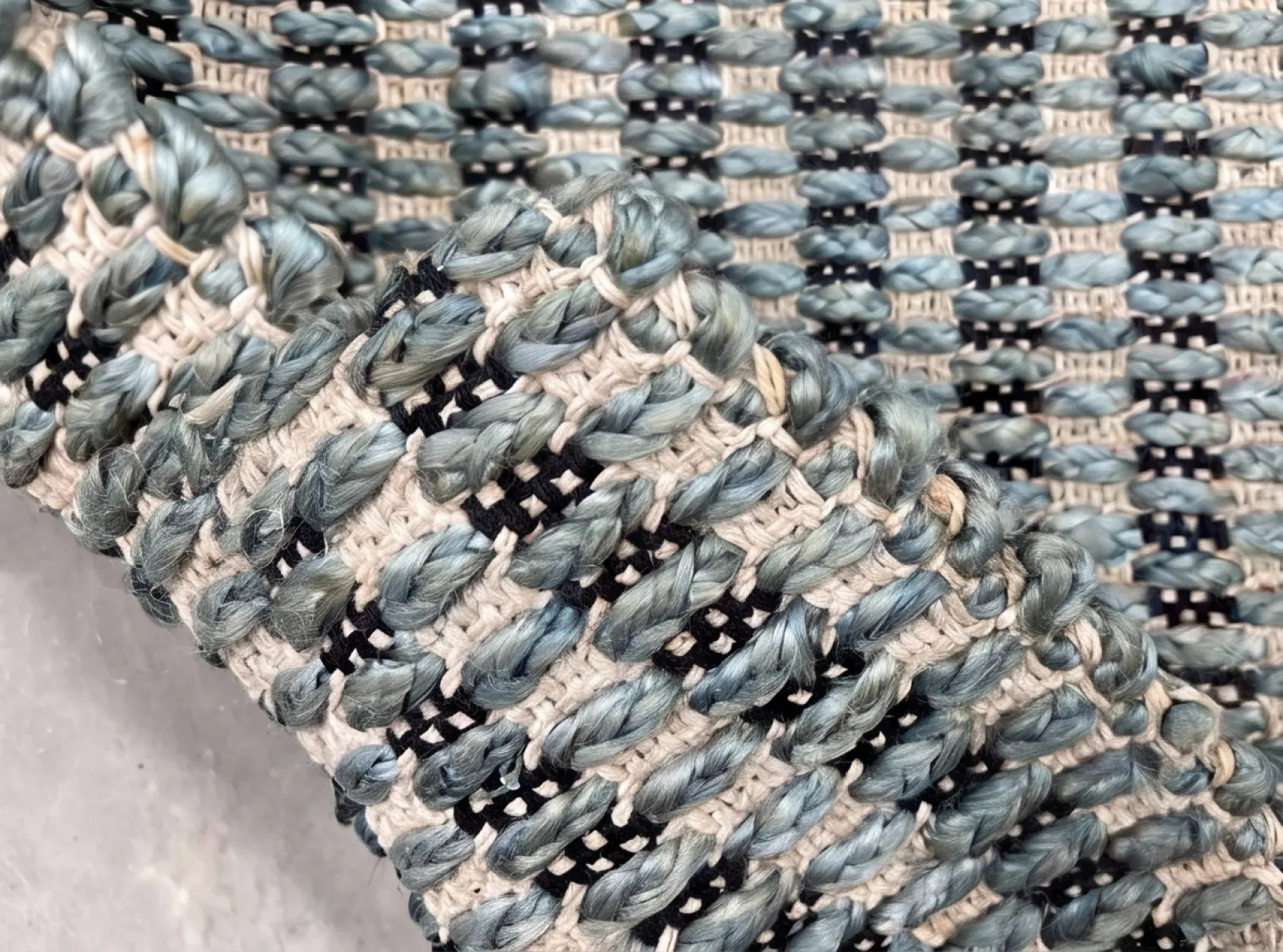 Hand Woven Jute Rug with Chain - Blue, Black & Natural