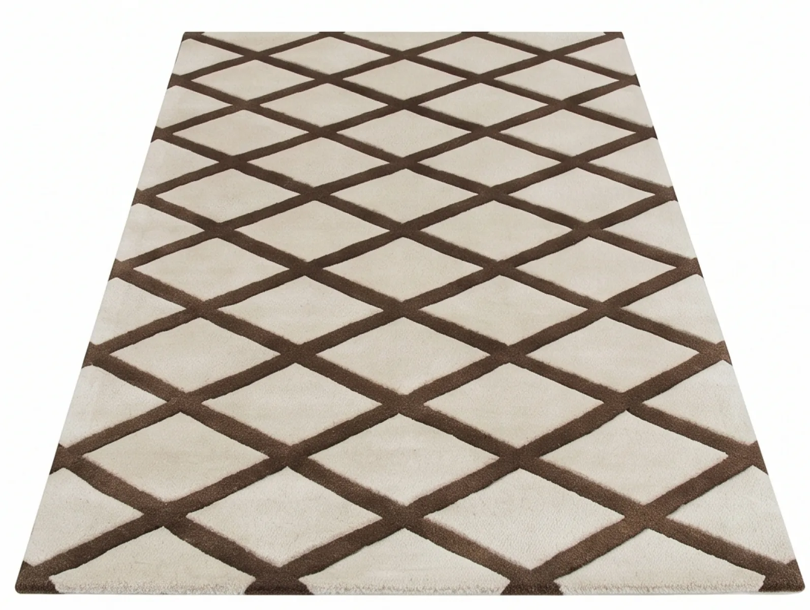 Modern Diamond Lattice Wool Hand Tufted Carpet - Cream & Brown